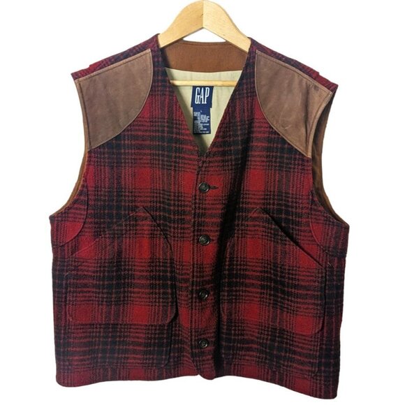 Vintage GAP Wool Suede Leather Plaid Tartan Vest Preppy Western Unisex - Picture 2 of 7
